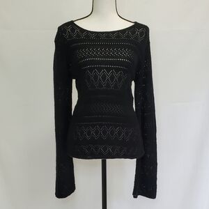 Worthington Black Crochet Knit Long Sleeve Top